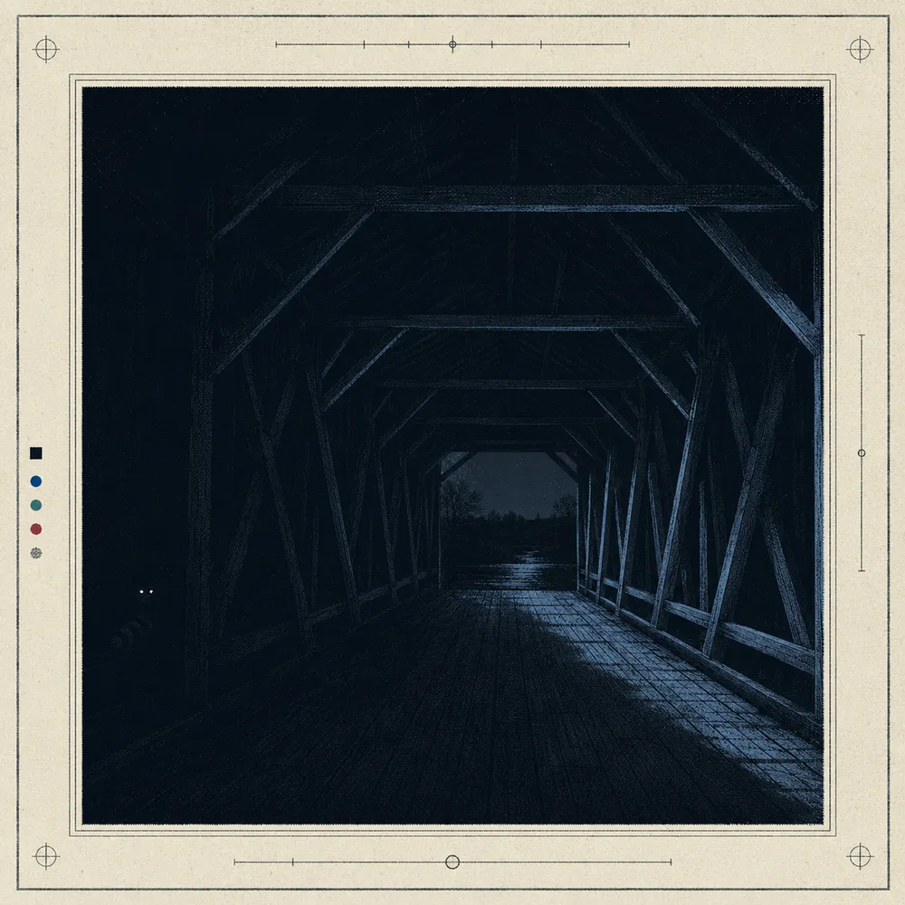 The dark interior of the covered bridge at night, its timber truss lit faintly blue, with two small reflective points near the deck.