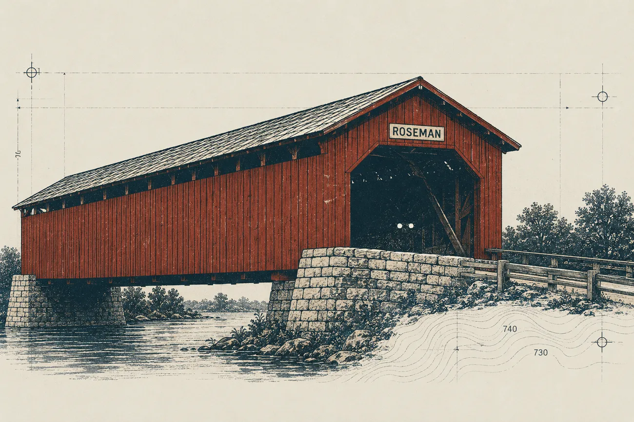 The Roseman covered bridge — barn-red board siding, low gable roof, stone abutments — over the Raccoon River, with elevation contour lines marked 740 and 730.