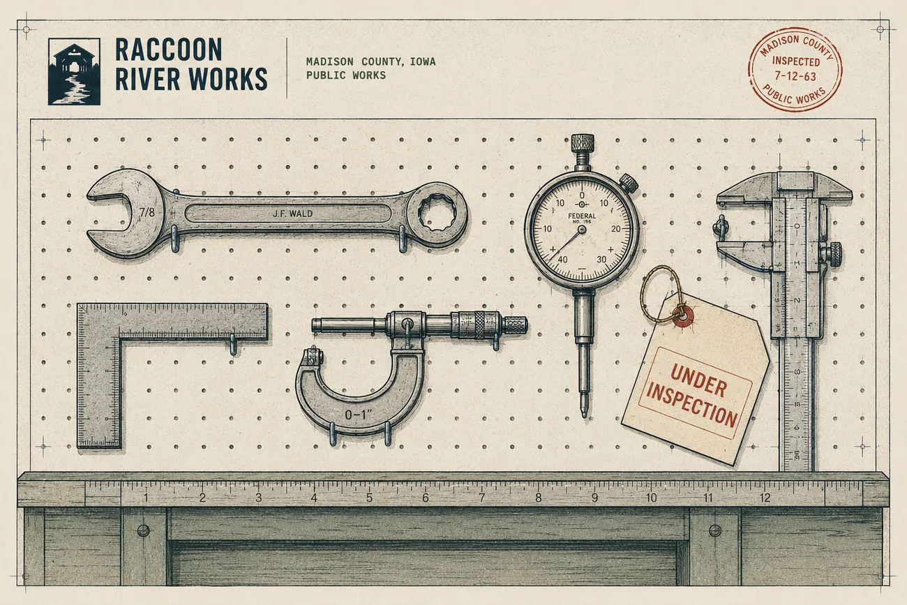 A works bench with a wrench, dial gauge, machinist's square, micrometer and caliper hung on a pegboard, and a tag reading UNDER INSPECTION, stamped Madison County Public Works.